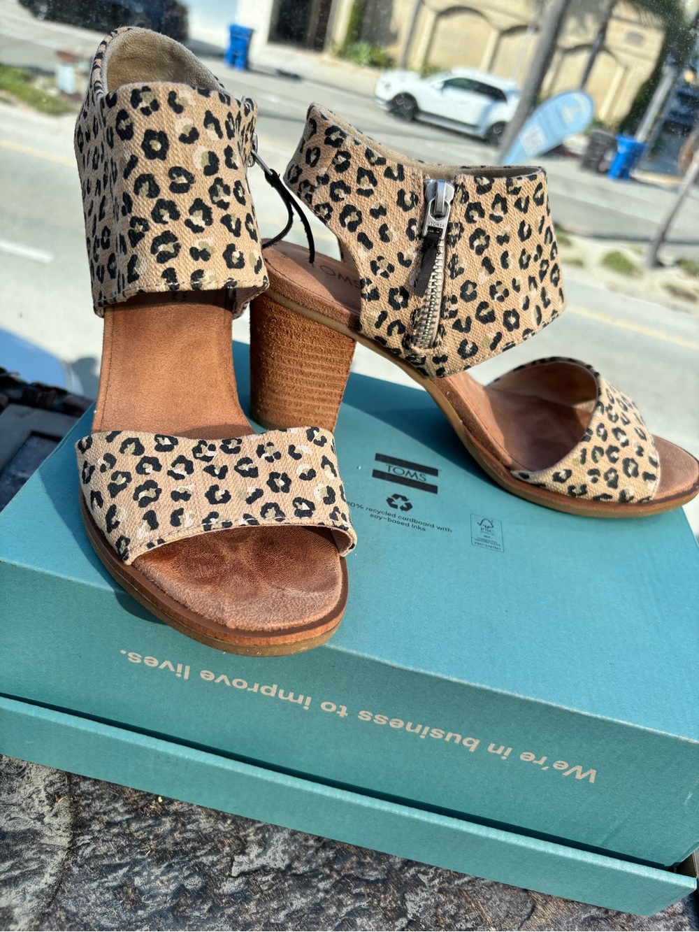 Toms Leopard Print Open-Toe Block Heel Sandals - Tan and Black - Picture 2 of 6
